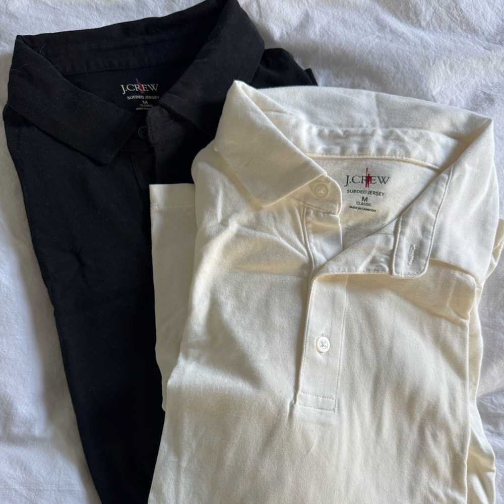 NWT Set of 2 J Crew Long Sleeve Sueded Cotton Polo Shirts, Black & Ivory, Medium